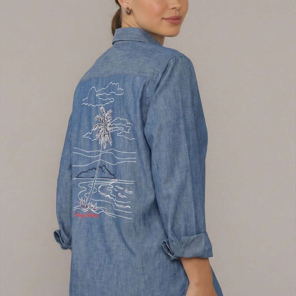 Scenic Linen Blue Button front Shirt Embroidered Back Tommy Bahama womens New S